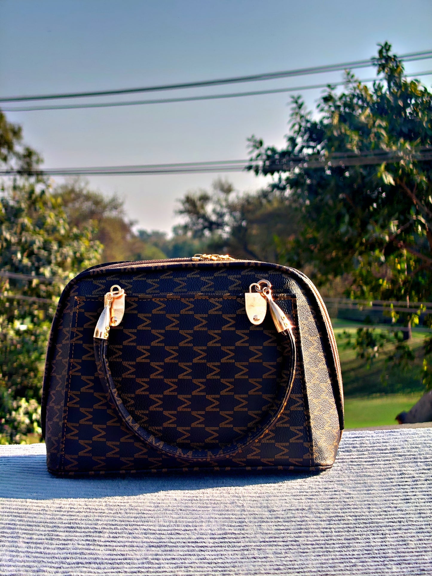 brown zigzag hand bags