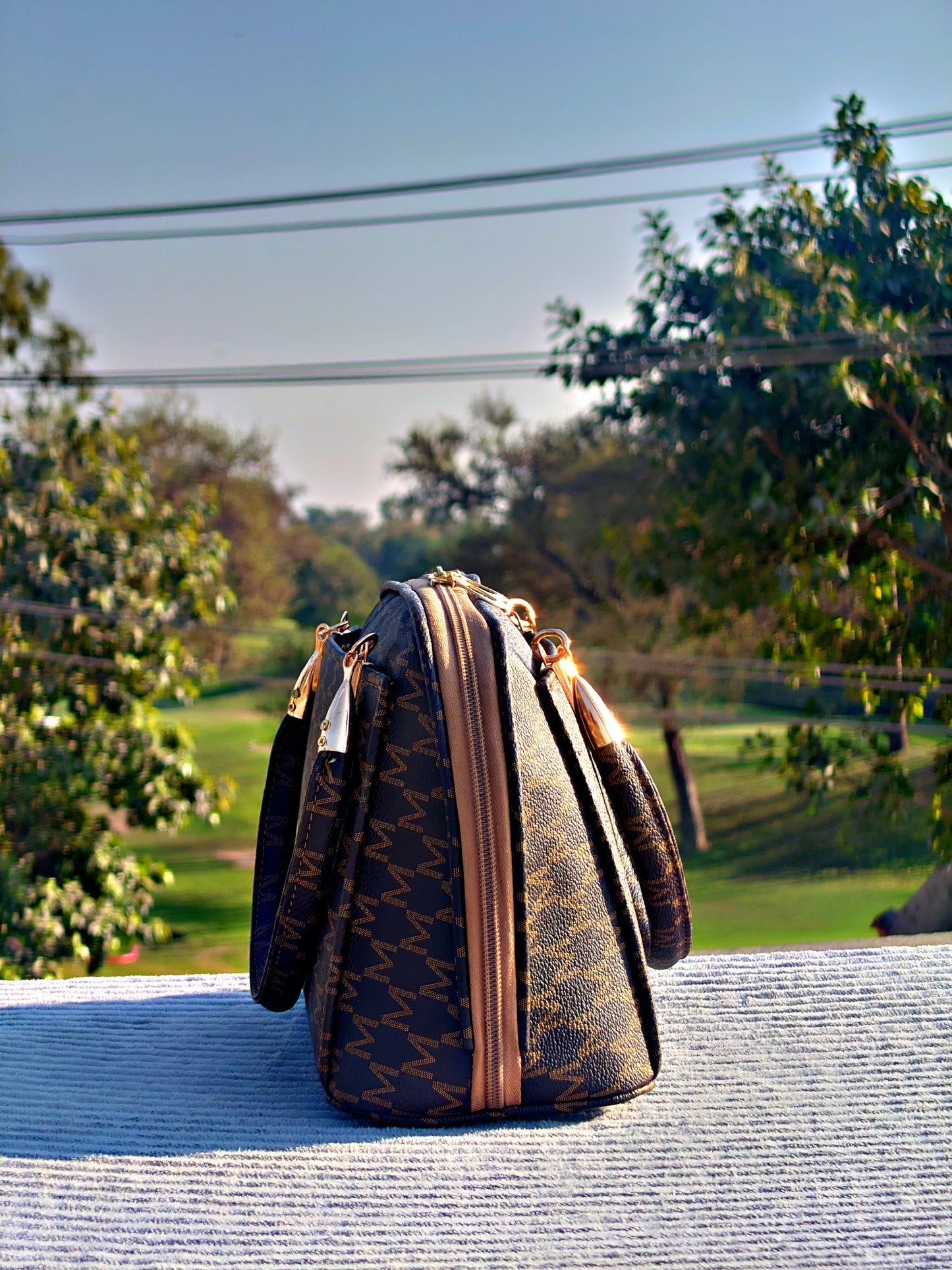 brown zigzag hand bags